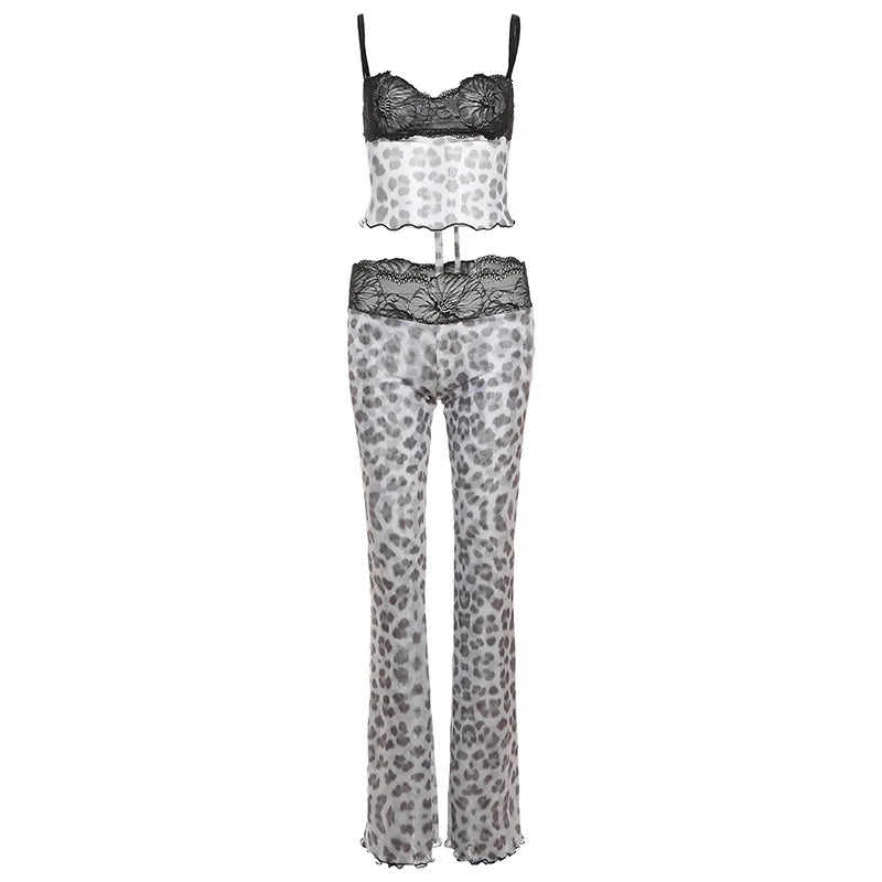 Sexy Patchwork Mesh 2 Piece Set Women Cleavage Sleeveless
