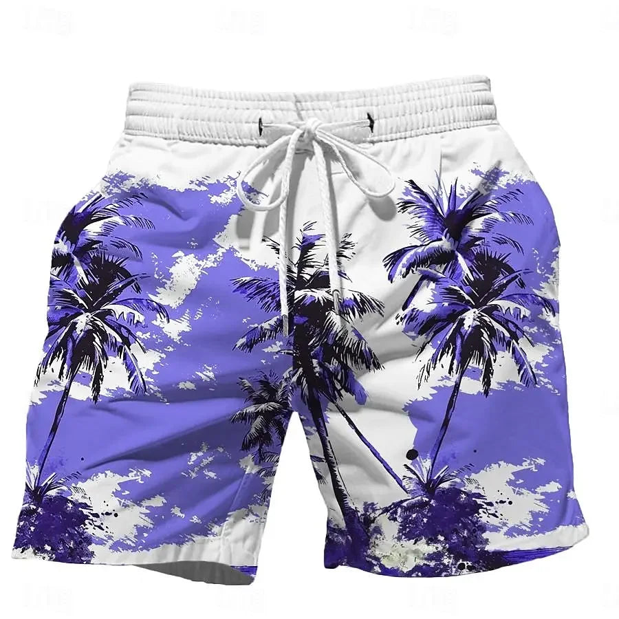 Summer Oversized Casual Men's Drawstring Shorts Quick Dry Hawaii Trunks Coconut Tree
