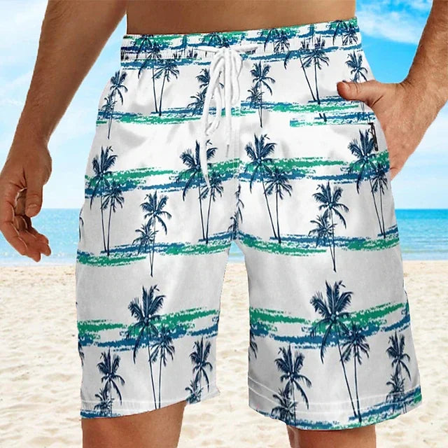 Summer Oversized Casual Men's Drawstring Shorts Quick Dry Hawaii Trunks Coconut Tree