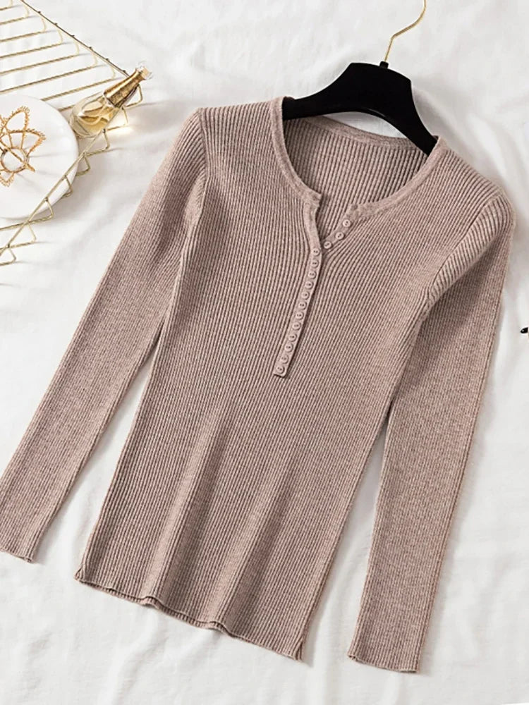 Autumn Winter Button V Neck Sweater Women Basic Slim Pullover Women