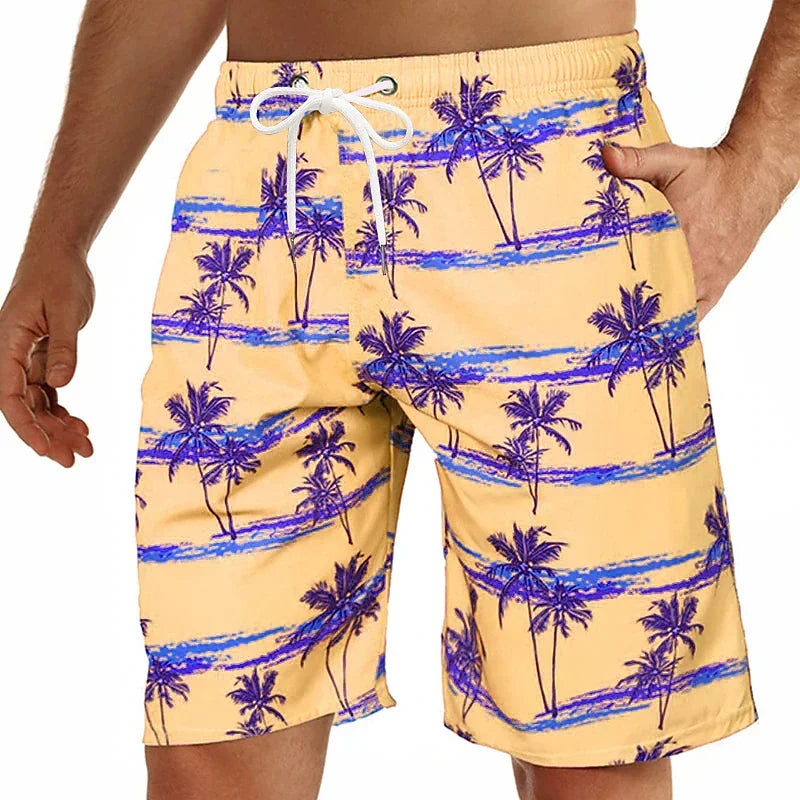 Summer Oversized Casual Men's Drawstring Shorts Quick Dry Hawaii Trunks Coconut Tree