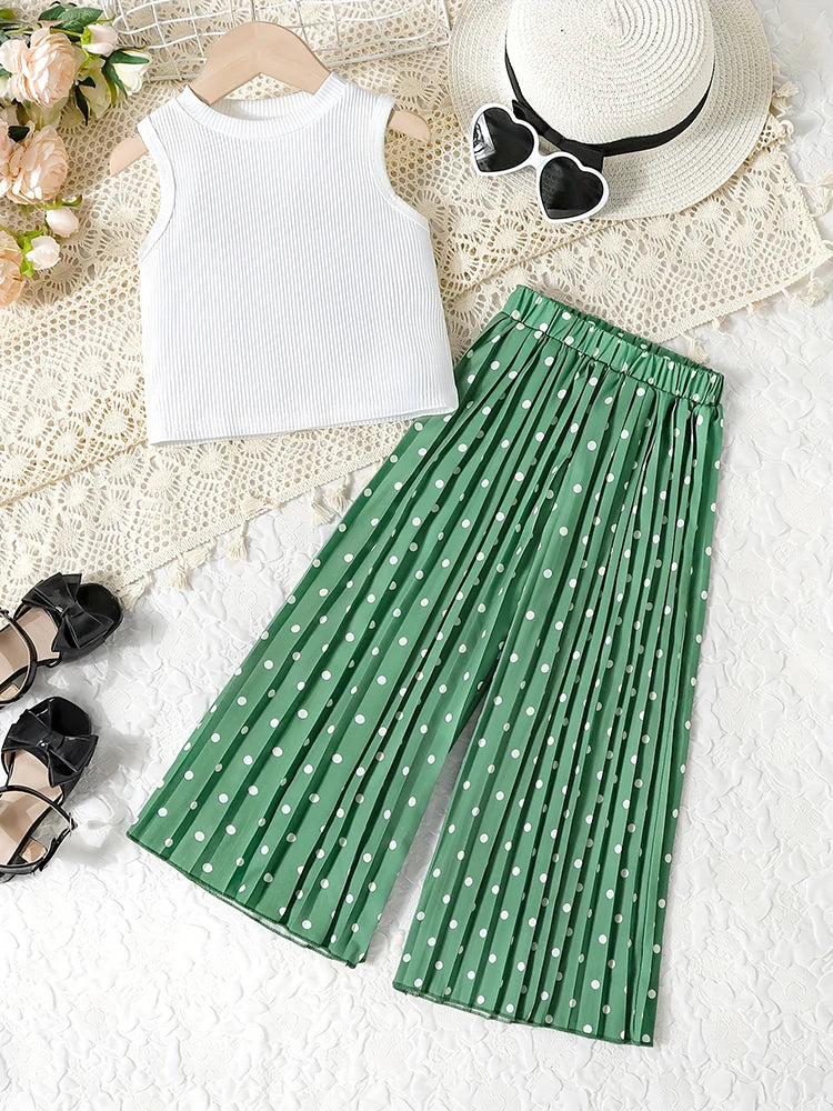 2pcs Girls Summer + Casual Dot Print Pleated Pants Suit