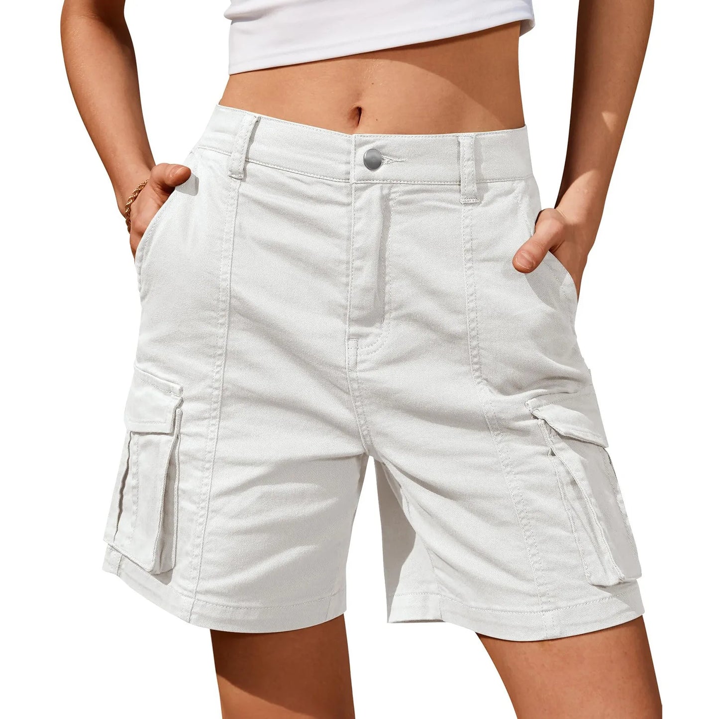 Women Vintage Elastic Low Waist Cargo Shorts