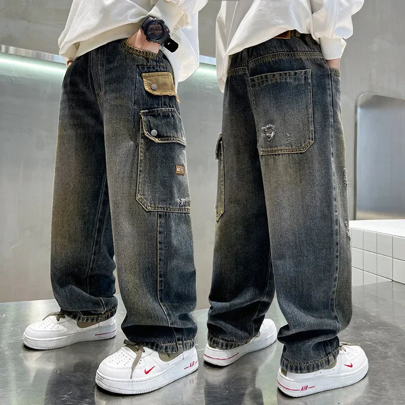 Boys' Jeans Version of Boys Wide Leg Pants Side Pockets Denim Cargo Pants