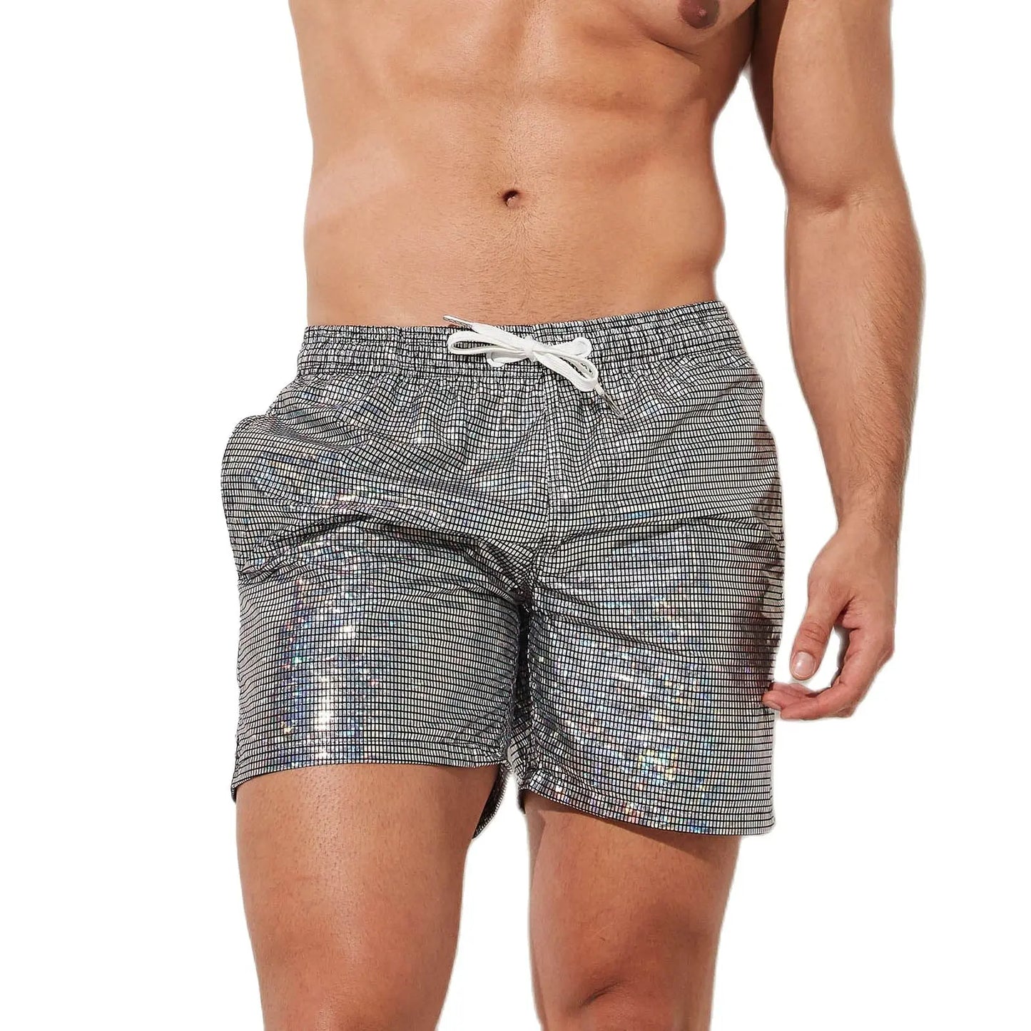 Men's Stretch Swim Trunks Faux Leather Swimwear Beachwear Quick Dry