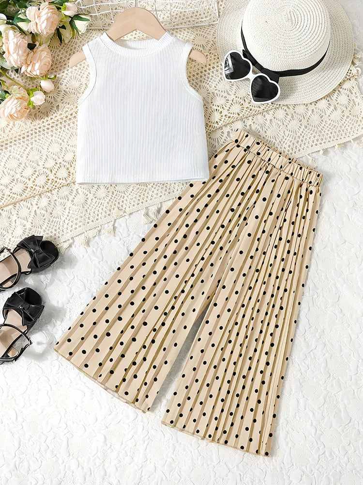 2pcs Girls Summer + Casual Dot Print Pleated Pants Suit