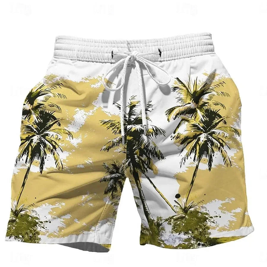 Summer Oversized Casual Men's Drawstring Shorts Quick Dry Hawaii Trunks Coconut Tree