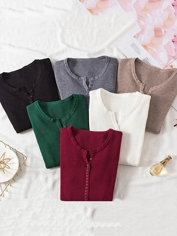 Autumn Winter Button V Neck Sweater Women Basic Slim Pullover Women