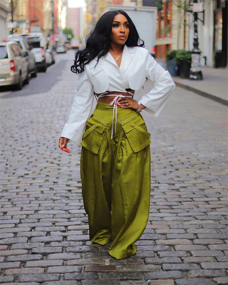 Solid Multi-pocket Loose Pants Wide Leg