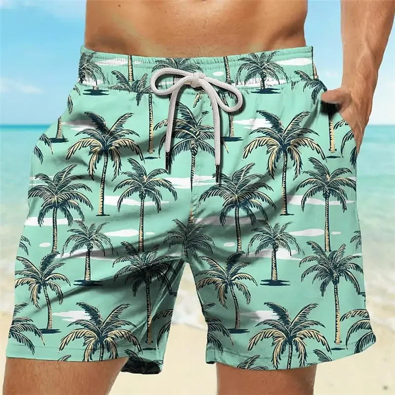 Summer Oversized Casual Men's Drawstring Shorts Quick Dry Hawaii Trunks Coconut Tree