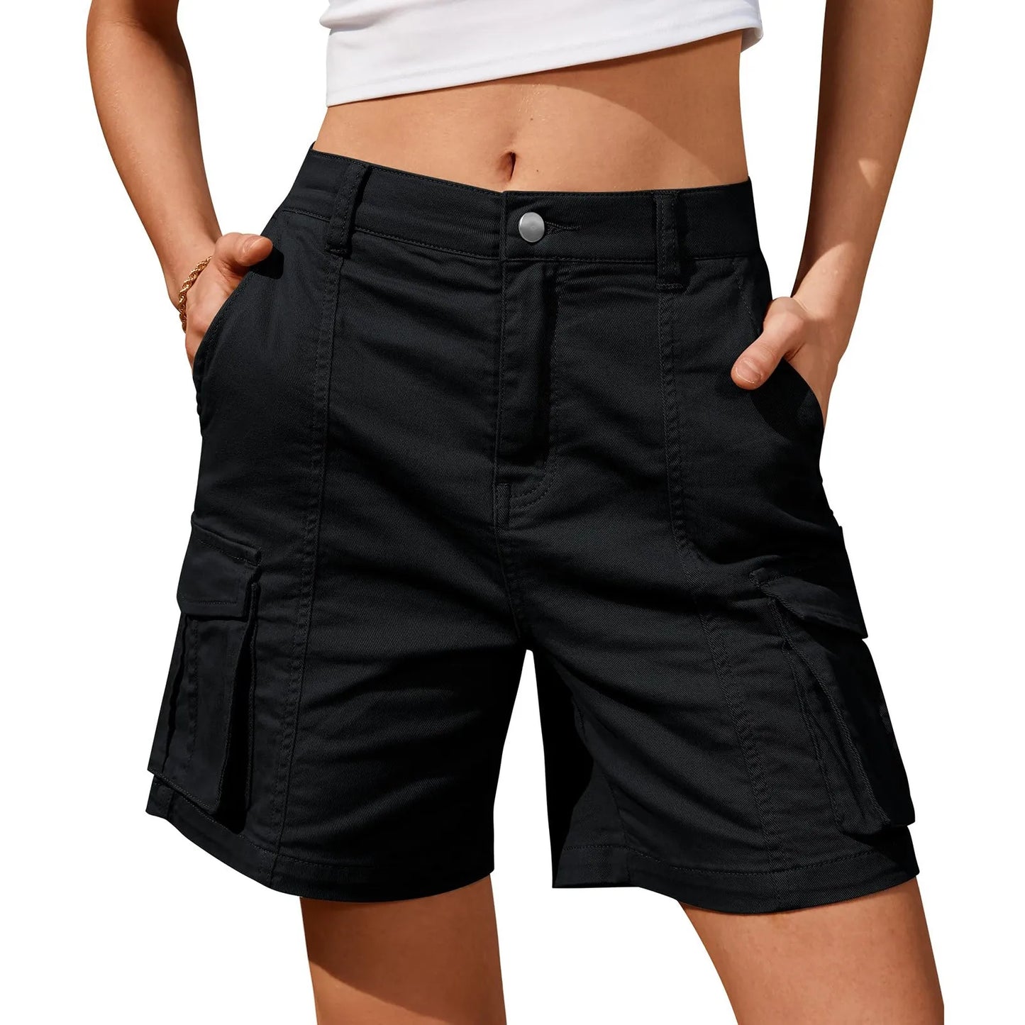 Women Vintage Elastic Low Waist Cargo Shorts