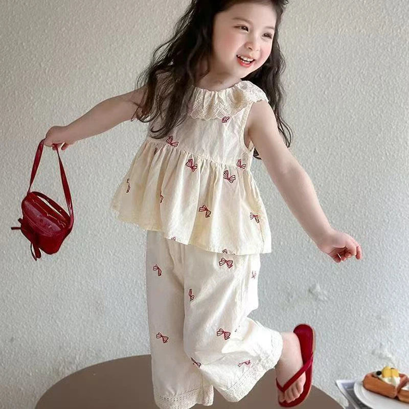 Summer Girls Clothing Set Solid Color Full Print Bow Sleeveless T-shirt+Pants 2Pcs Sweet Suit For 2-8 Years Casual Outfi