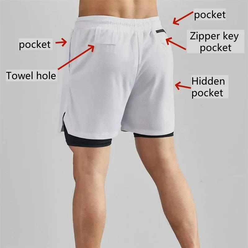 New Design Men's 2 in 1 Double Layer Shorts Fitness Sports Casual Gym Workout Lined Tight Shorts for men Sportswear Summer