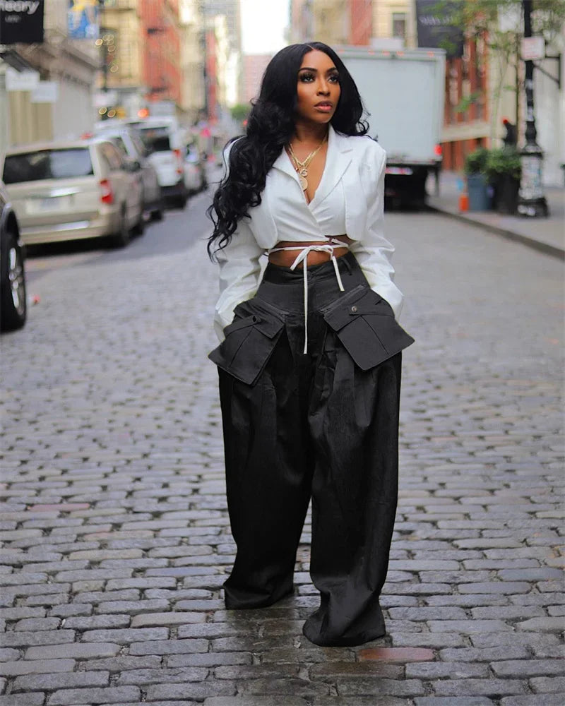 Solid Multi-pocket Loose Pants Wide Leg