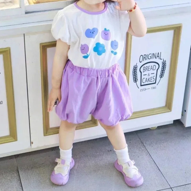 2024 Baby Girls Summer Set New Kids Girl Purple Shorts +Top Children's Girl T-shirt Two-Piece Suit