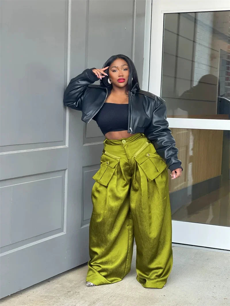 Solid Multi-pocket Loose Pants Wide Leg