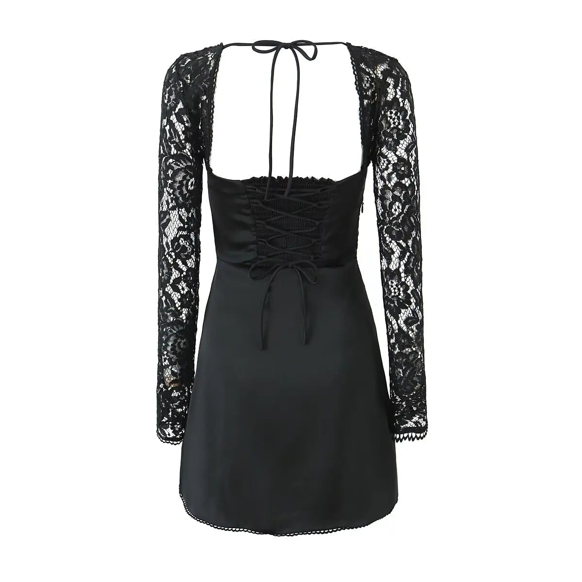 Sexy White Spliced Lace Wire Chest Corset Style Mini Dress Women Full Sleeve Cross