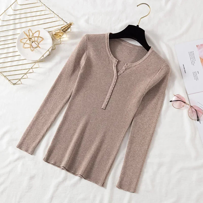 Autumn Winter Button V Neck Sweater Women Basic Slim Pullover Women