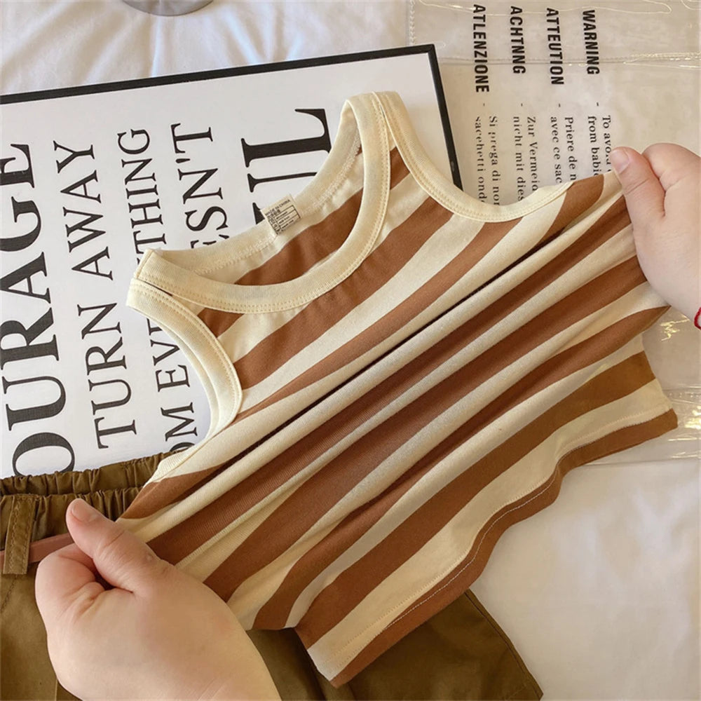 Bear Leader Girls Fashionable and Casual Set 2023 Summer Thin Children's Stripe Suspender Tank Top Shorts Two Piece Set Clothes