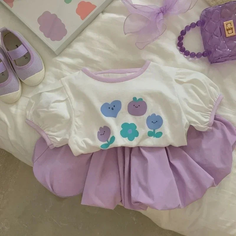 2024 Baby Girls Summer Set New Kids Girl Purple Shorts +Top Children's Girl T-shirt Two-Piece Suit