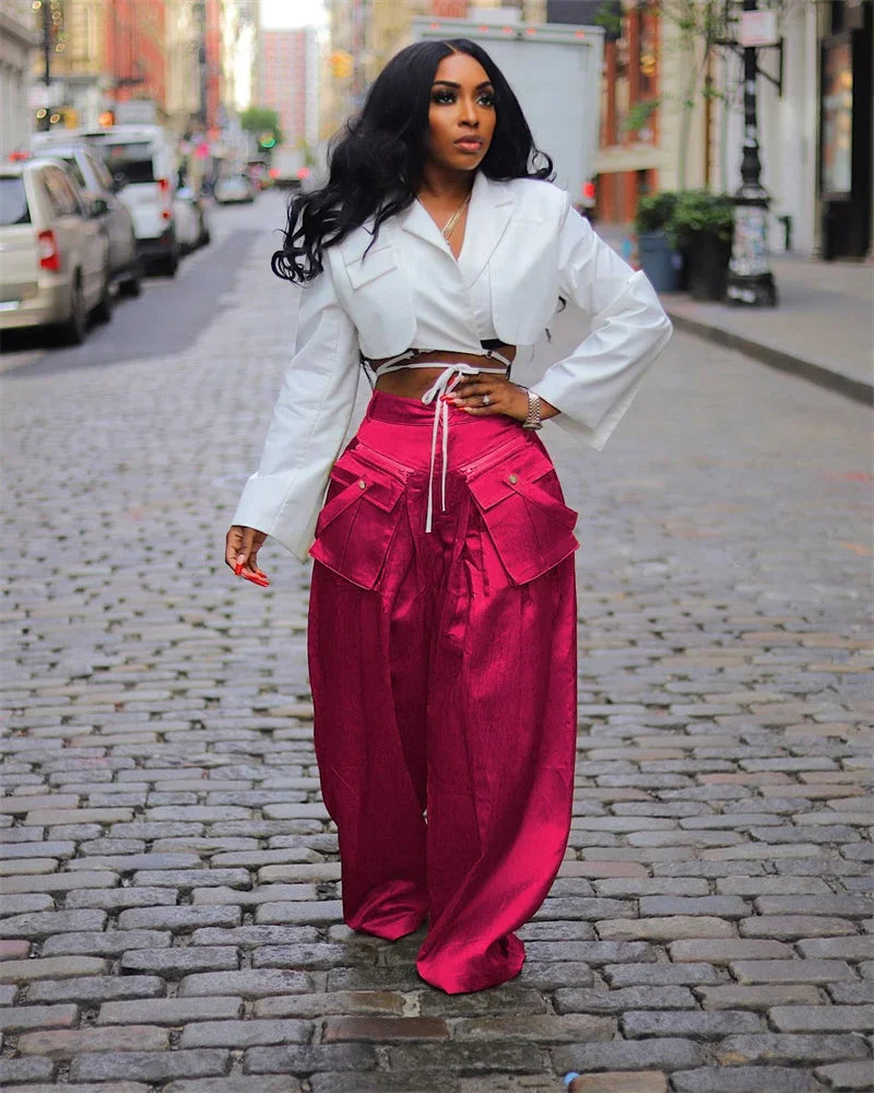 Solid Multi-pocket Loose Pants Wide Leg