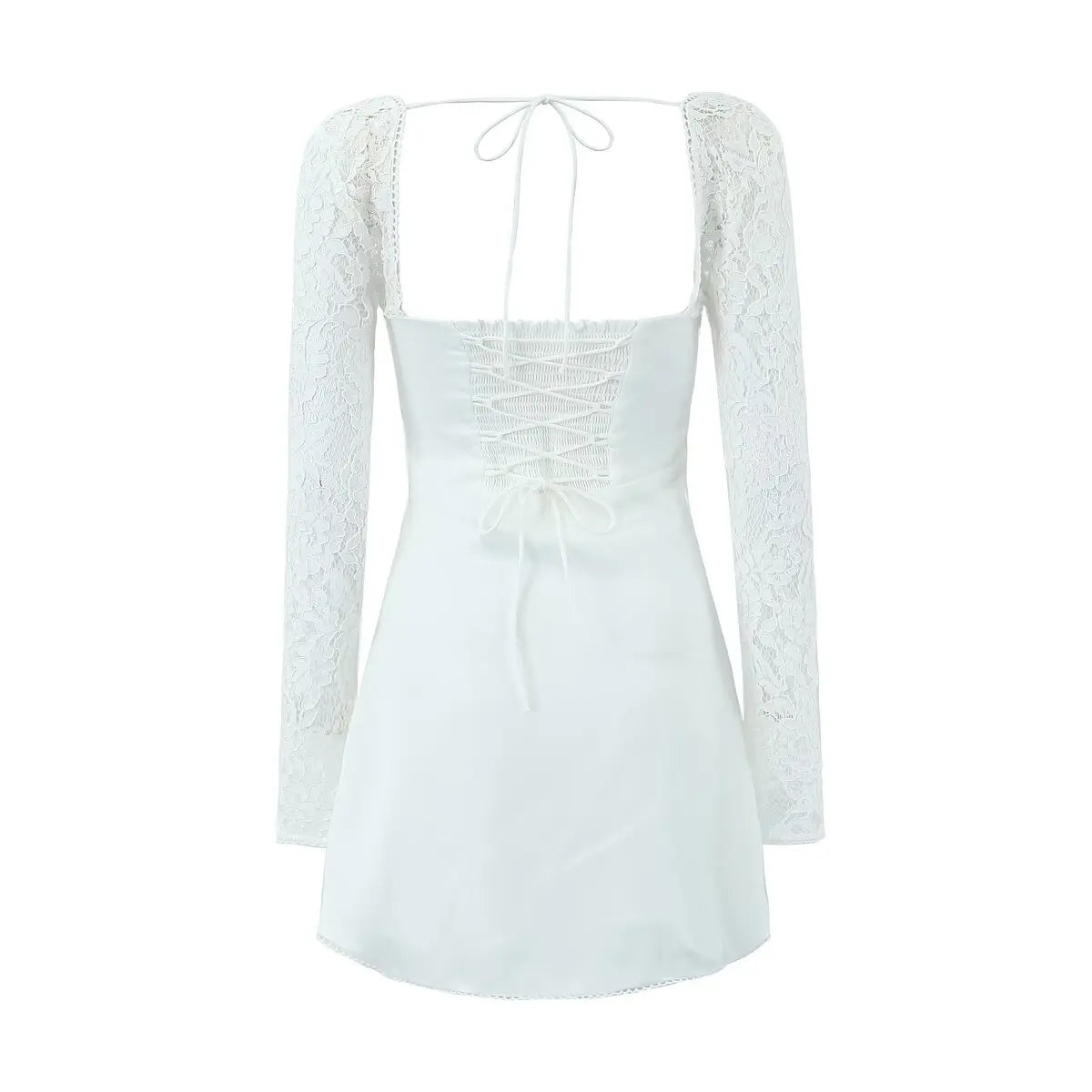 Sexy White Spliced Lace Wire Chest Corset Style Mini Dress Women Full Sleeve Cross