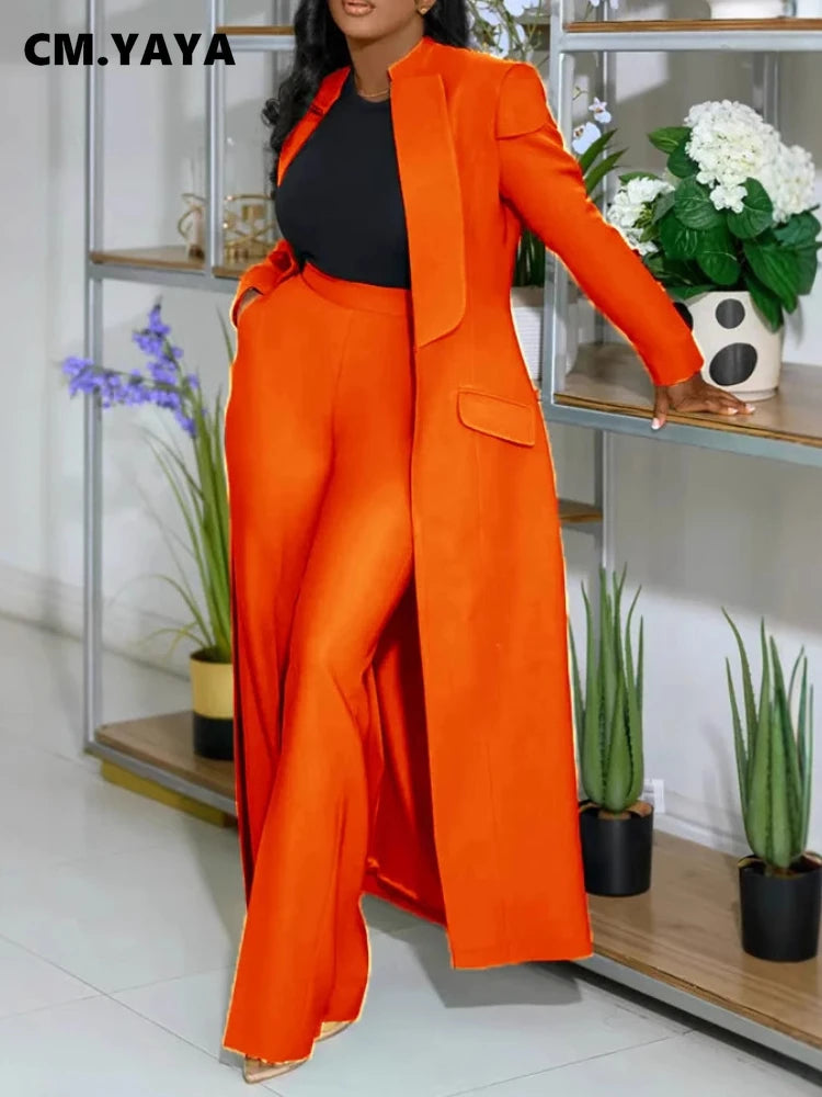 CM.YAYA Women's Sleeve X-Long Blazer Coat+ Long Pant Suit 2025 Spring