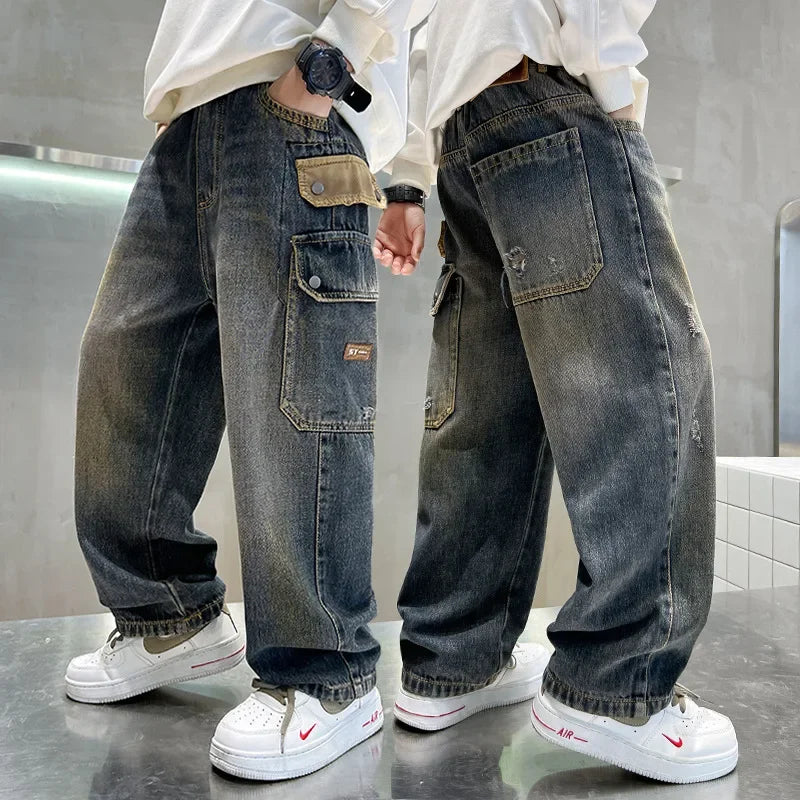 Boys' Jeans Version of Boys Wide Leg Pants Side Pockets Denim Cargo Pants