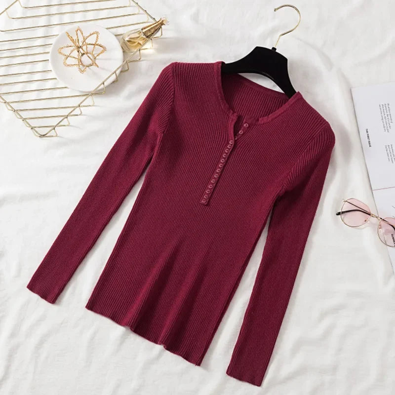 Autumn Winter Button V Neck Sweater Women Basic Slim Pullover Women