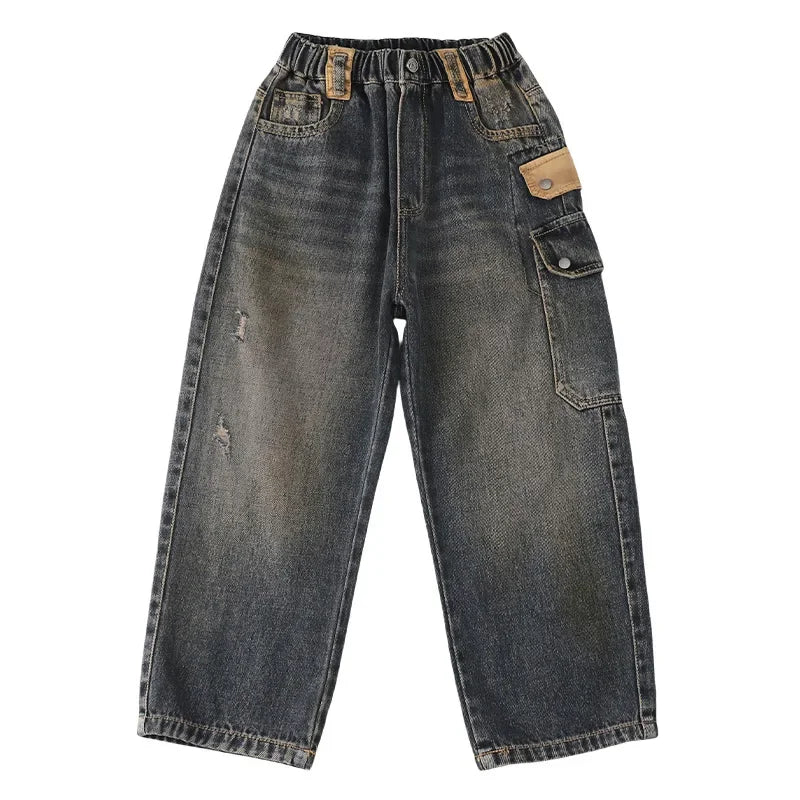 Boys' Jeans Version of Boys Wide Leg Pants Side Pockets Denim Cargo Pants