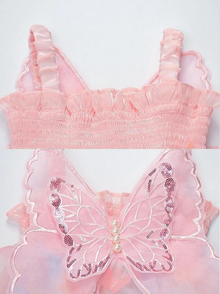 Gauze Cotton Sling Dress Big Butterfly Decoration Kids