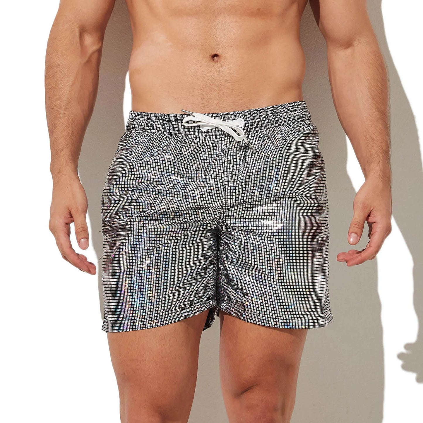 Men's Stretch Swim Trunks Faux Leather Swimwear Beachwear Quick Dry