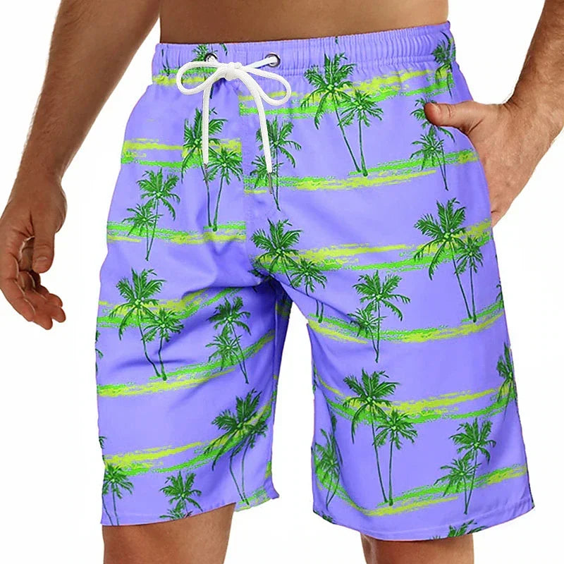 Summer Oversized Casual Men's Drawstring Shorts Quick Dry Hawaii Trunks Coconut Tree