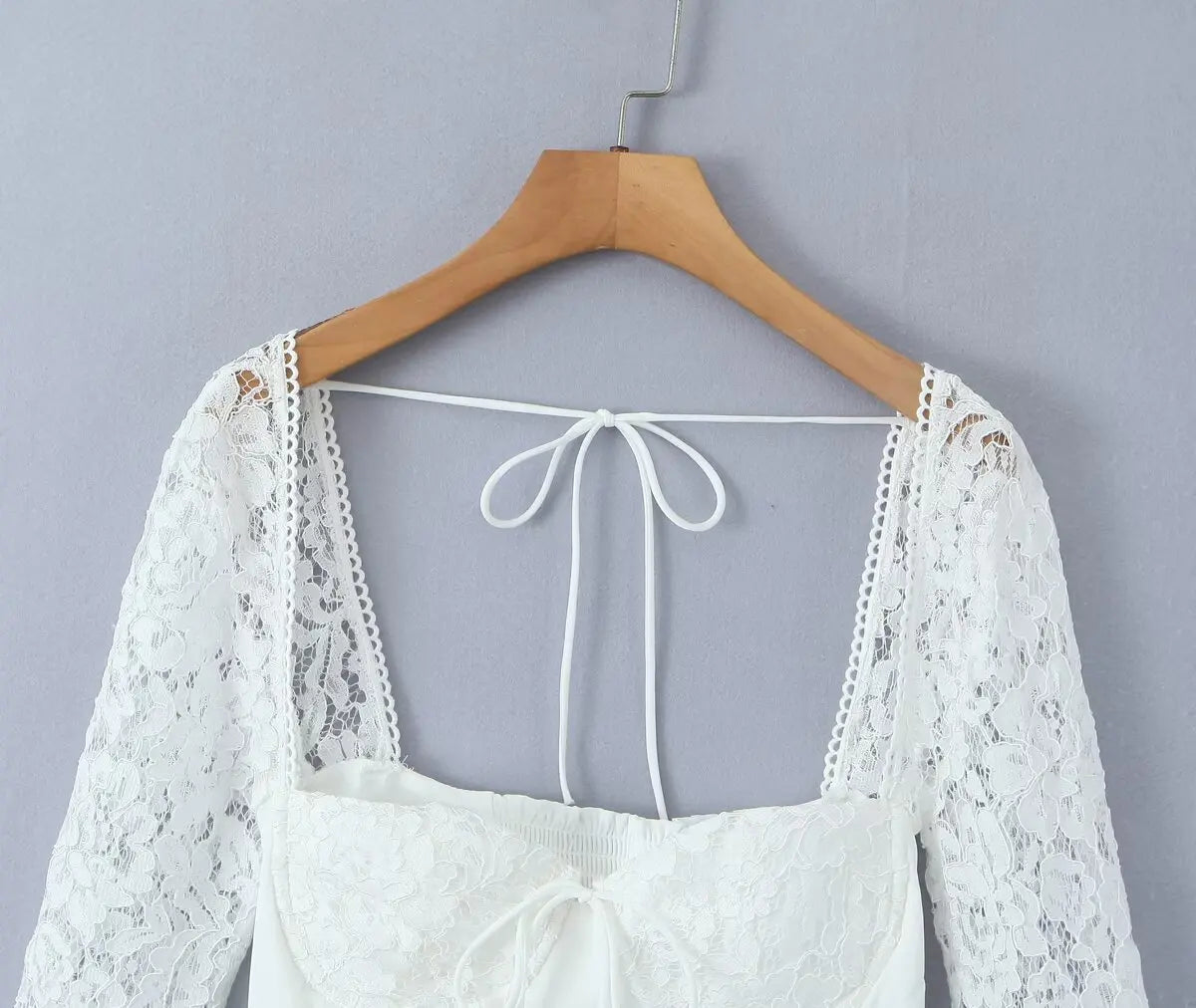 Sexy White Spliced Lace Wire Chest Corset Style Mini Dress Women Full Sleeve Cross