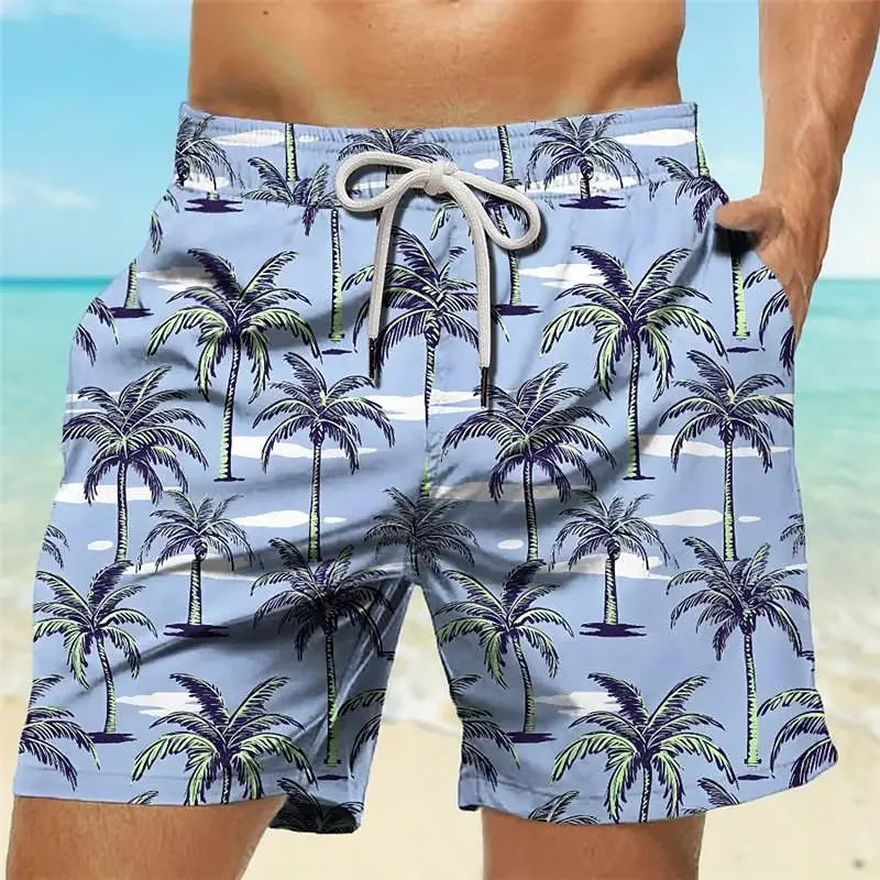 Summer Oversized Casual Men's Drawstring Shorts Quick Dry Hawaii Trunks Coconut Tree