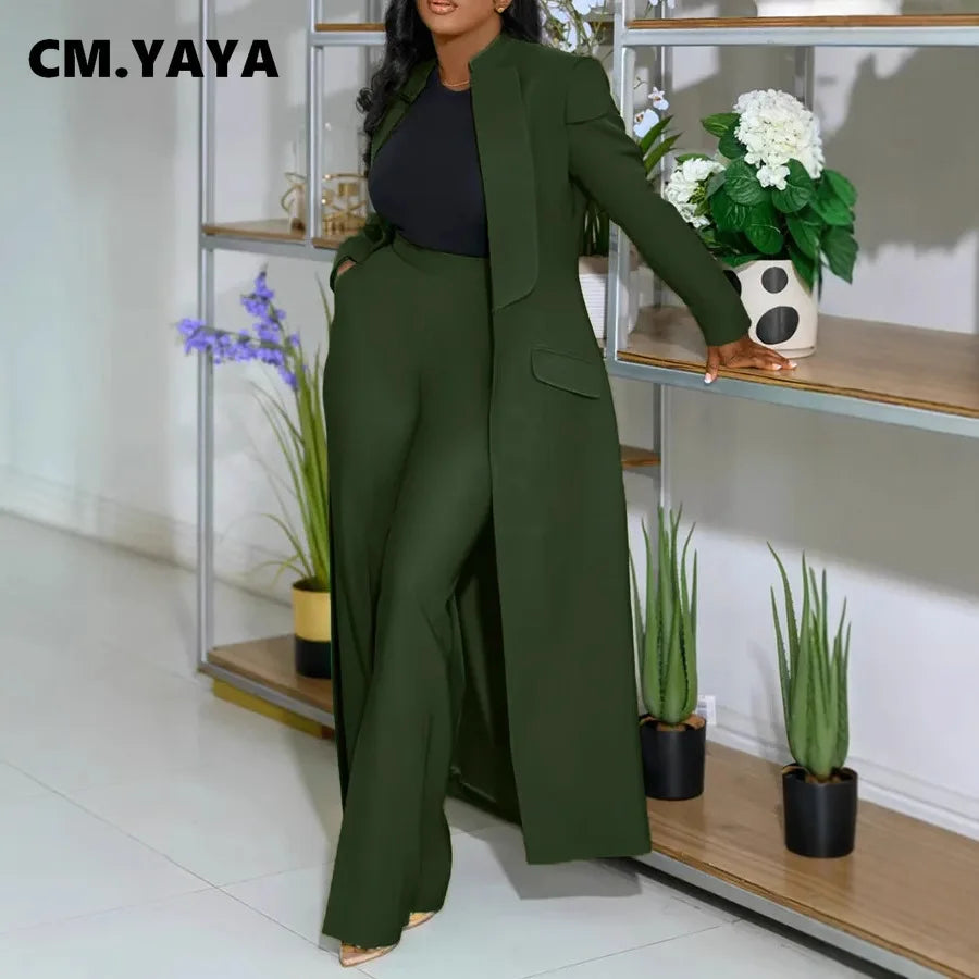 CM.YAYA Women's Sleeve X-Long Blazer Coat+ Long Pant Suit 2025 Spring