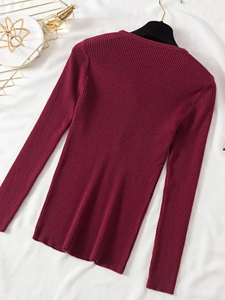 Autumn Winter Button V Neck Sweater Women Basic Slim Pullover Women