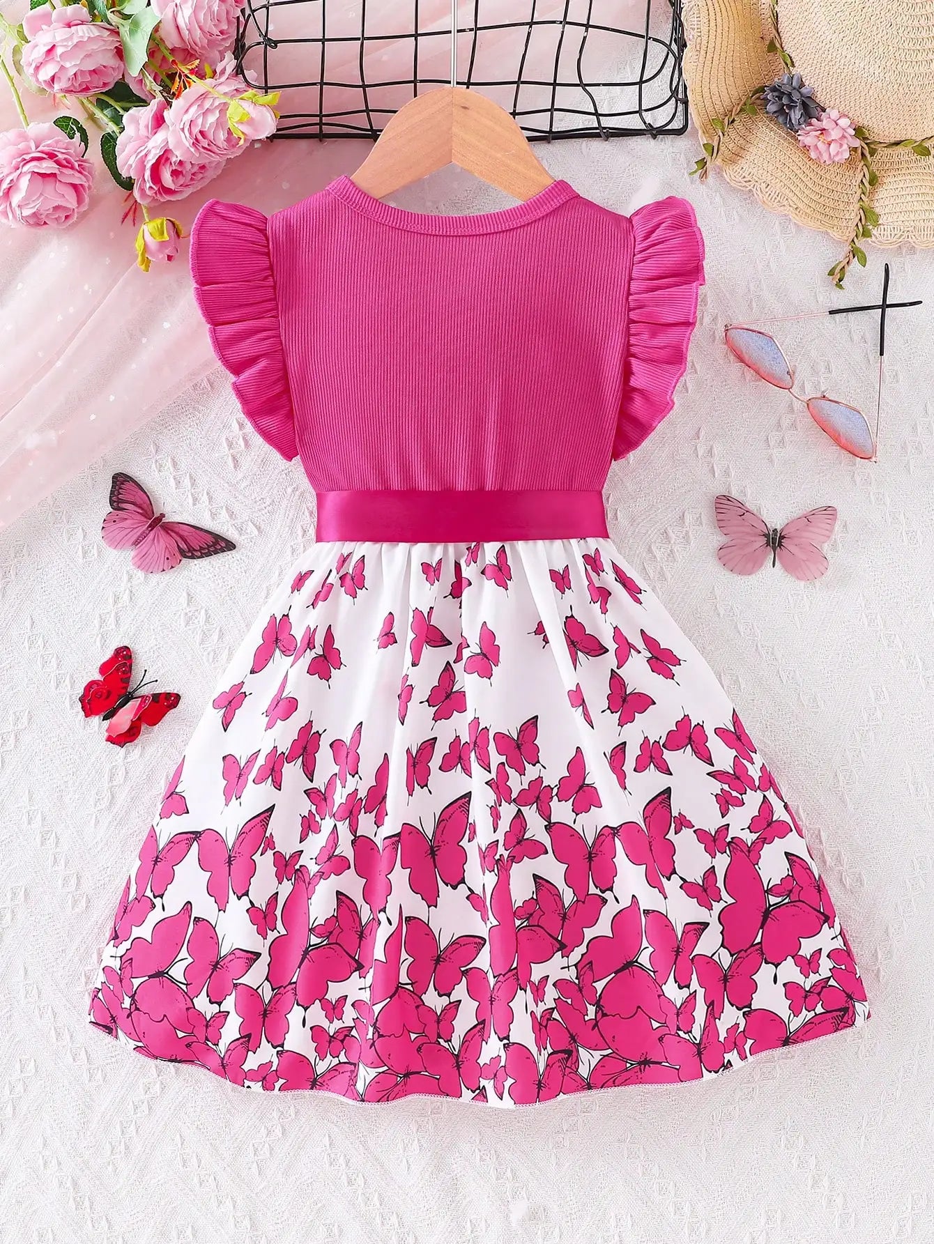 Girls' Butterfly Print Spliced Solid Color