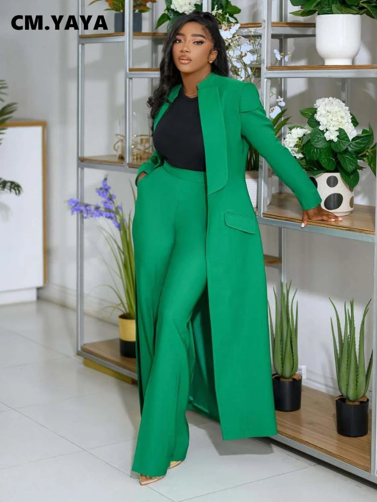 CM.YAYA Women's Sleeve X-Long Blazer Coat+ Long Pant Suit 2025 Spring