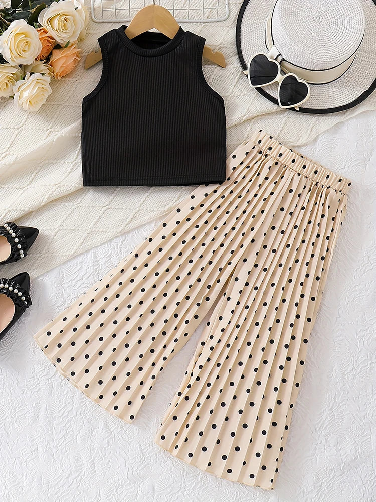 2pcs Girls Summer + Casual Dot Print Pleated Pants Suit
