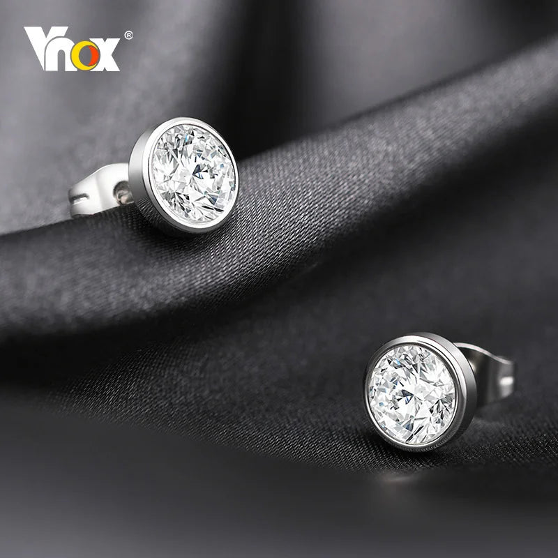 Vnox Simple Basic Earrings for Women Men, AAA CZ Stone Bling Stud Earrings, Never Fade Metal Ear Jewelry