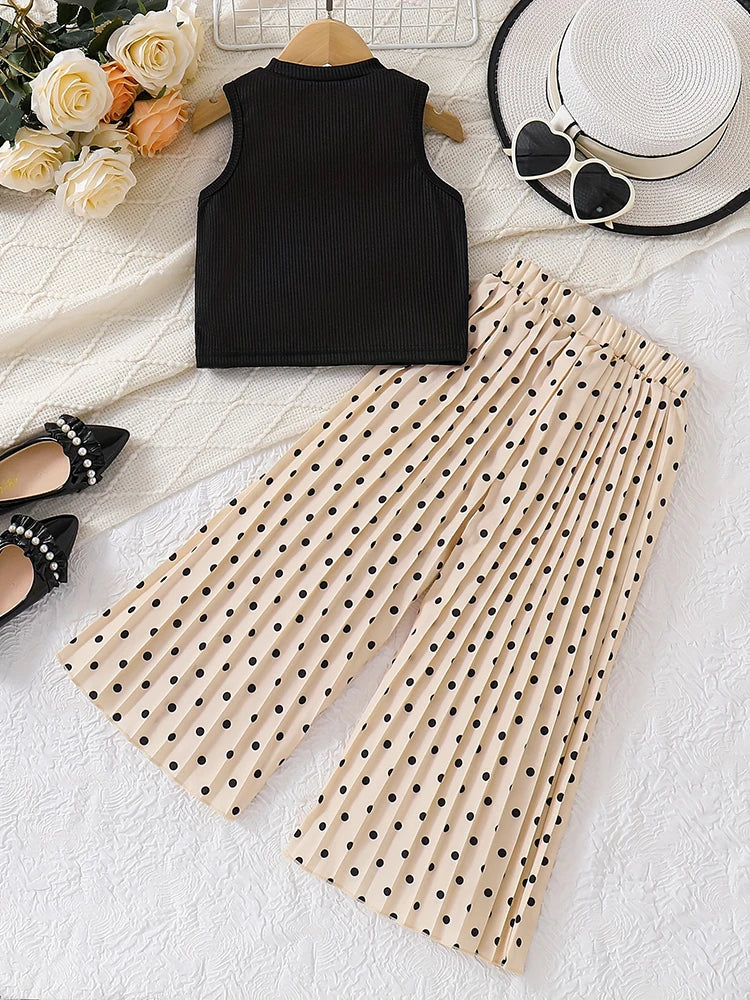 2pcs Girls Summer + Casual Dot Print Pleated Pants Suit