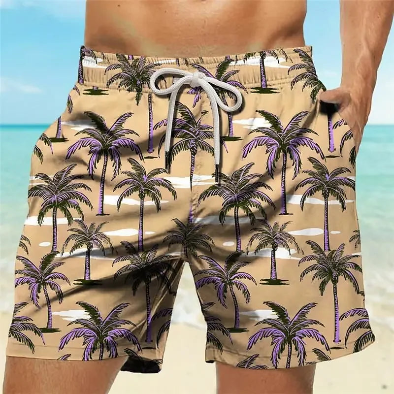 Summer Oversized Casual Men's Drawstring Shorts Quick Dry Hawaii Trunks Coconut Tree