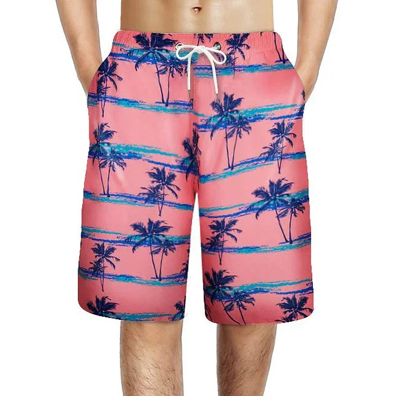 Summer Oversized Casual Men's Drawstring Shorts Quick Dry Hawaii Trunks Coconut Tree