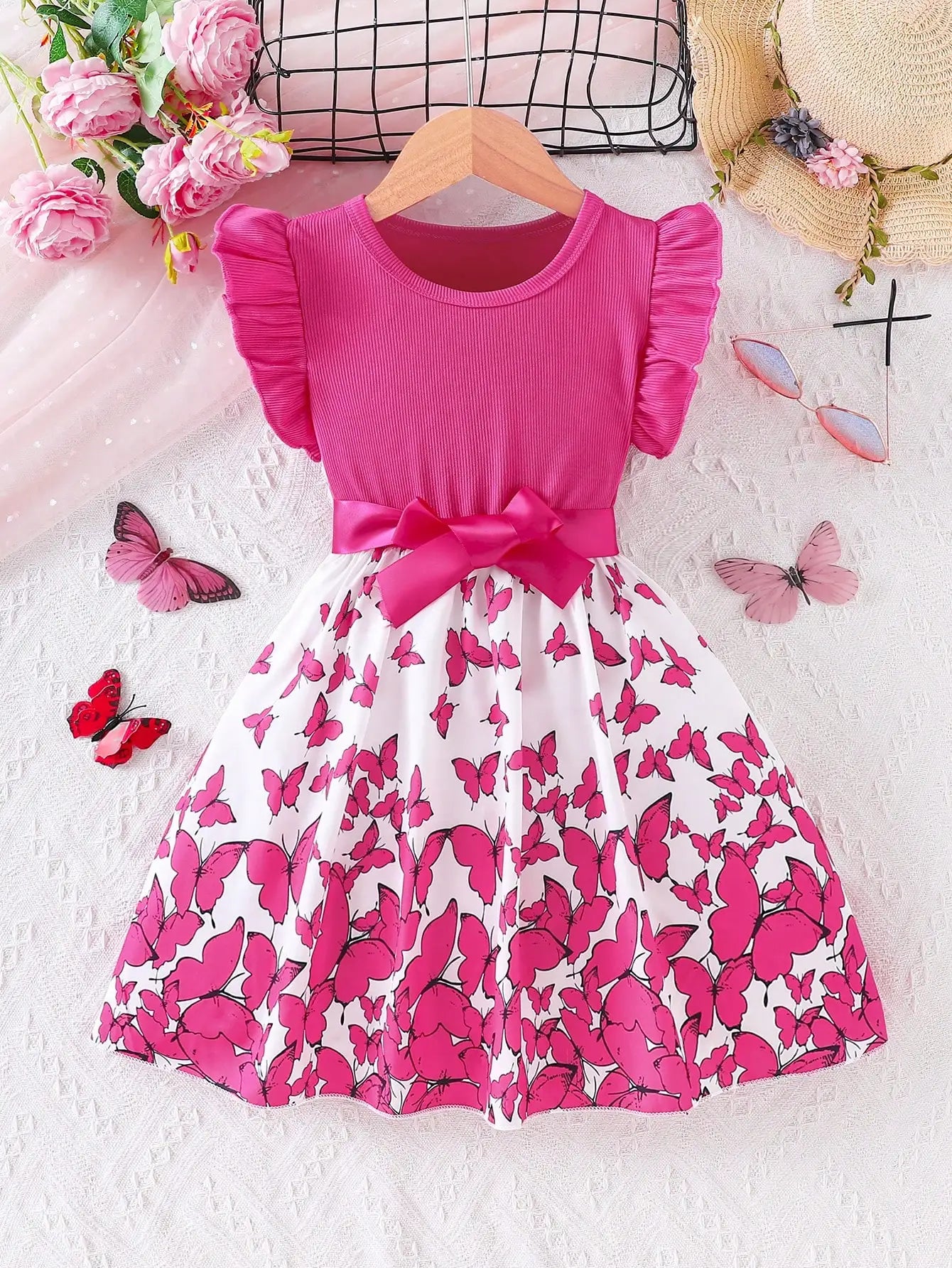 Girls' Butterfly Print Spliced Solid Color