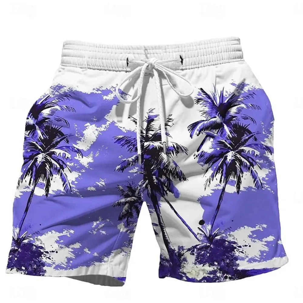 Summer Oversized Casual Men's Drawstring Shorts Quick Dry Hawaii Trunks Coconut Tree