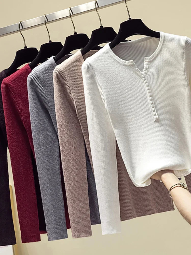 Autumn Winter Button V Neck Sweater Women Basic Slim Pullover Women