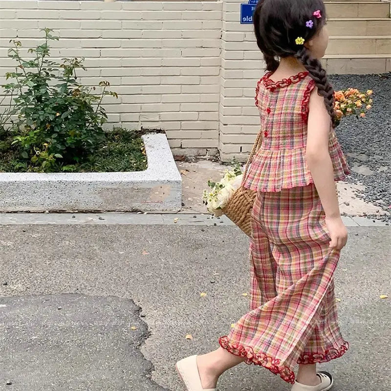 Girls' Set Plaid Lace Top Wide and leg