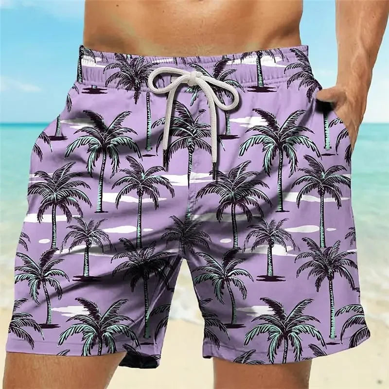 Summer Oversized Casual Men's Drawstring Shorts Quick Dry Hawaii Trunks Coconut Tree