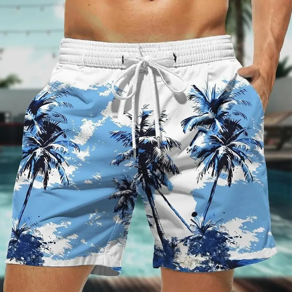 Summer Oversized Casual Men's Drawstring Shorts Quick Dry Hawaii Trunks Coconut Tree
